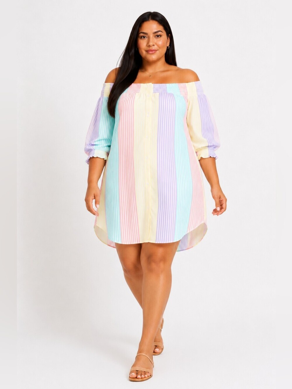 Style Boutique Women's Plus Size 3XL Off Shoulder Pastel Stripe Shift Dress.